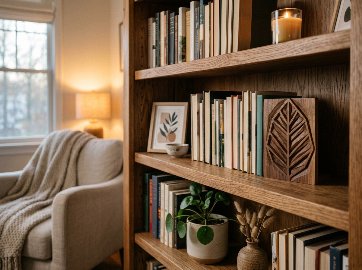 Objet en bois décoratif sur une étagère de bibliothèque