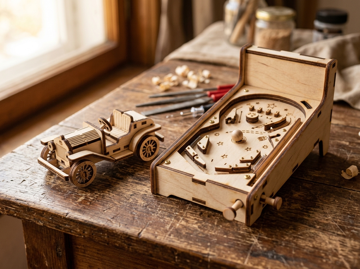 Voiture et flipper miniature en bois
