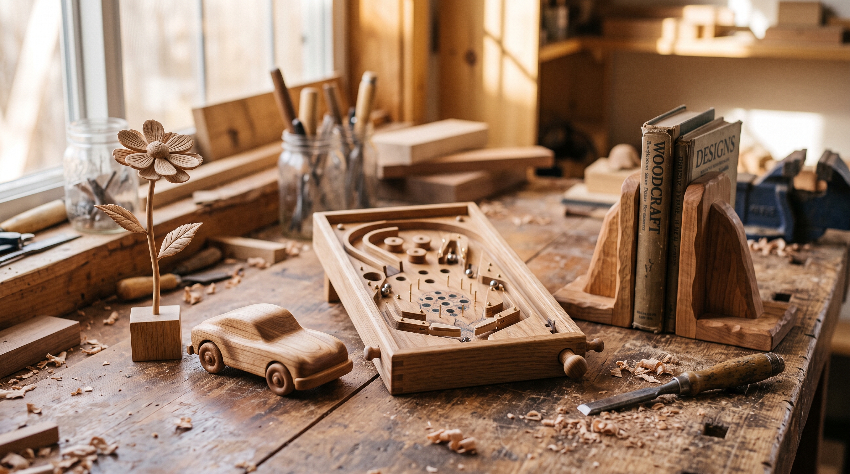 Assortiment d'objets en bois DIY assemblés : fleur, voiture, flipper miniature et serre-livre